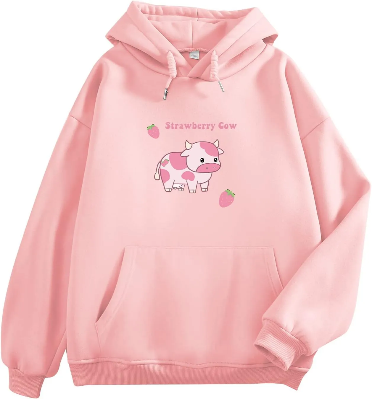 KEEVICI Pullover Sweatshirts for Women Cute Strawberry Cow Print Hoodie Casual Fuzzy Top