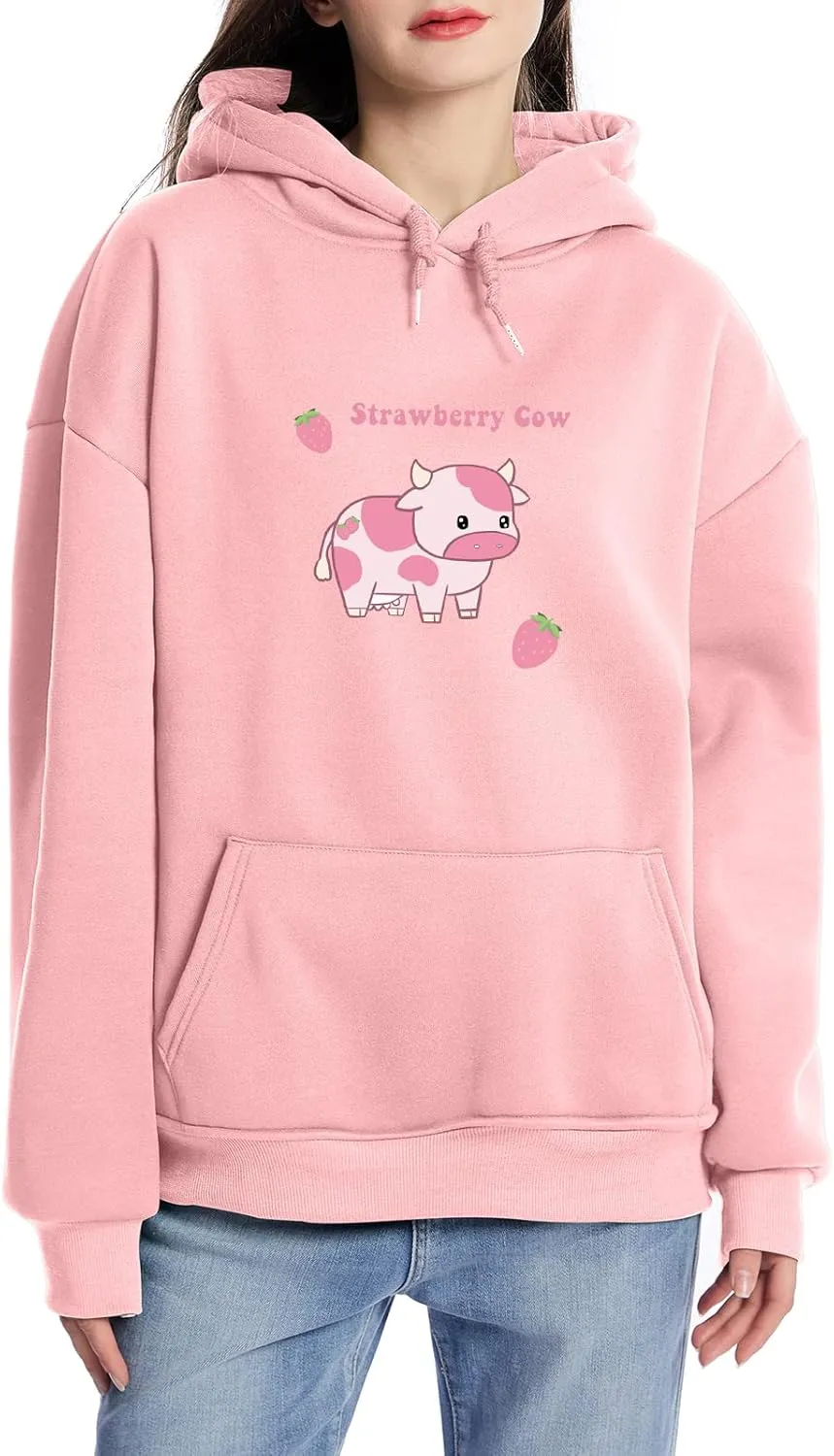 KEEVICI Pullover Sweatshirts for Women Cute Strawberry Cow Print Hoodie Casual Fuzzy Top