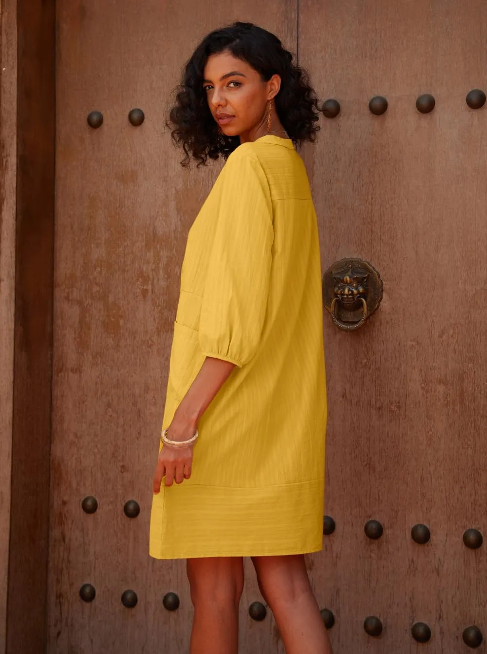 Lafural Womens V Neck Cotton Casual Loose Shift Tunic Smock Summer Dresses Vacation Dress 3/4 Sleeve Pocket