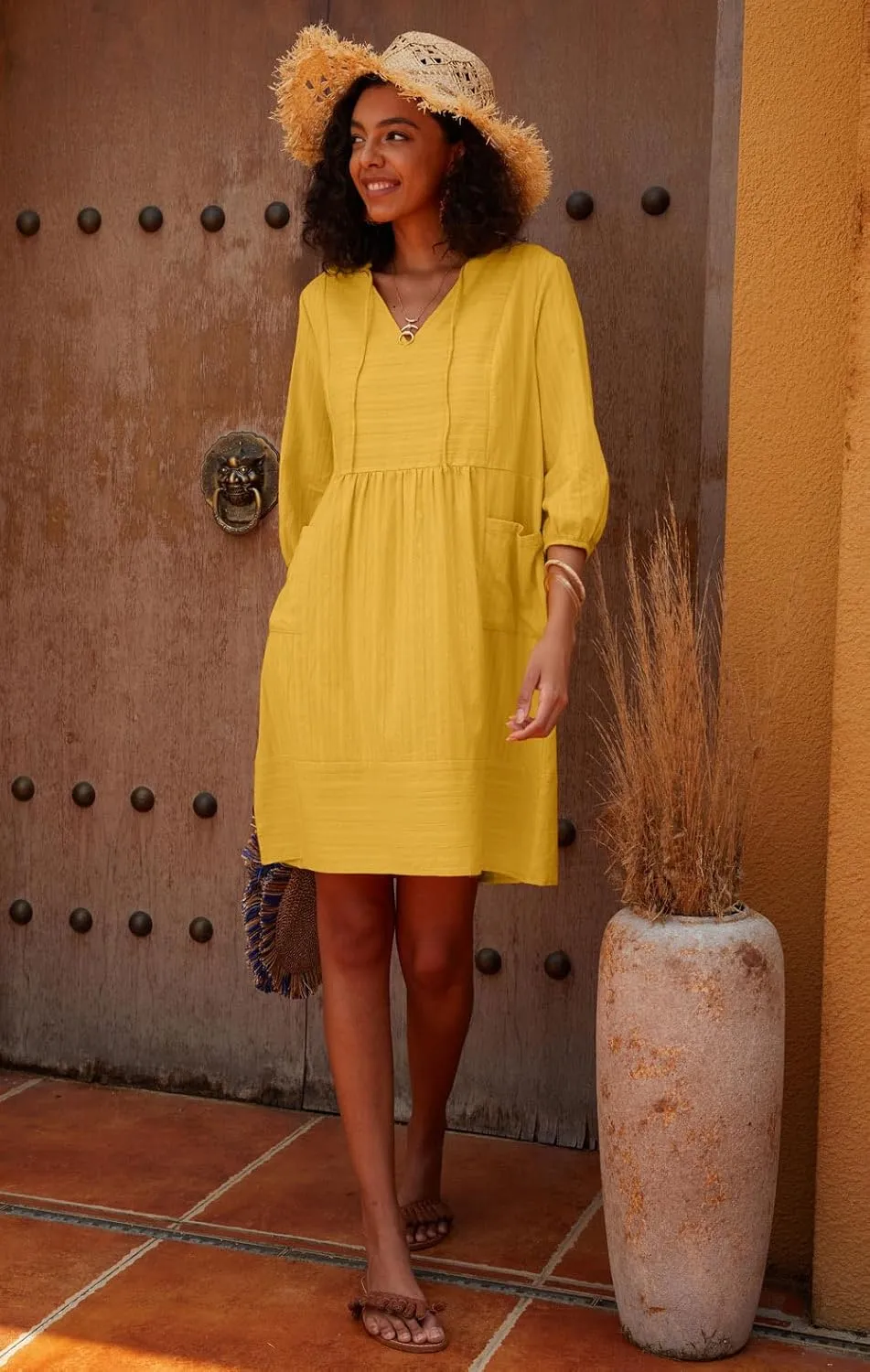 Lafural Womens V Neck Cotton Casual Loose Shift Tunic Smock Summer Dresses Vacation Dress 3/4 Sleeve Pocket