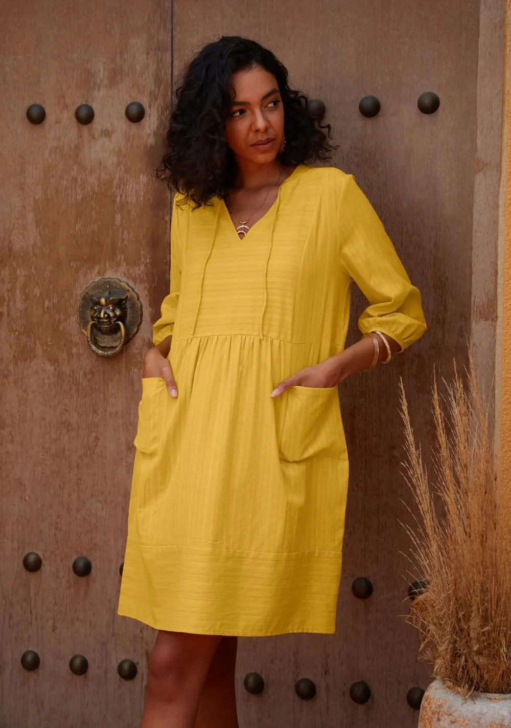 Lafural Womens V Neck Cotton Casual Loose Shift Tunic Smock Summer Dresses Vacation Dress 3/4 Sleeve Pocket