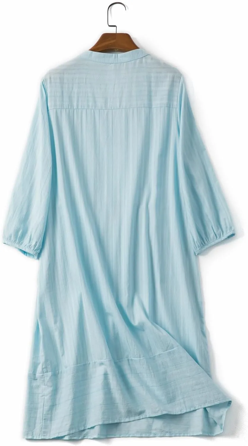 Lafural Womens V Neck Cotton Casual Loose Shift Tunic Smock Summer Dresses Vacation Dress 3/4 Sleeve Pocket
