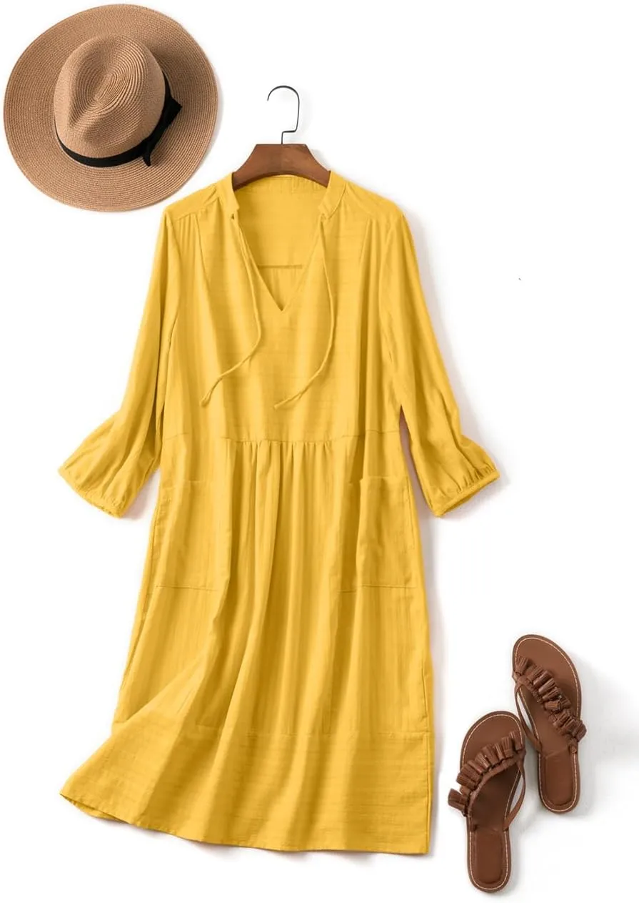 Lafural Womens V Neck Cotton Casual Loose Shift Tunic Smock Summer Dresses Vacation Dress 3/4 Sleeve Pocket