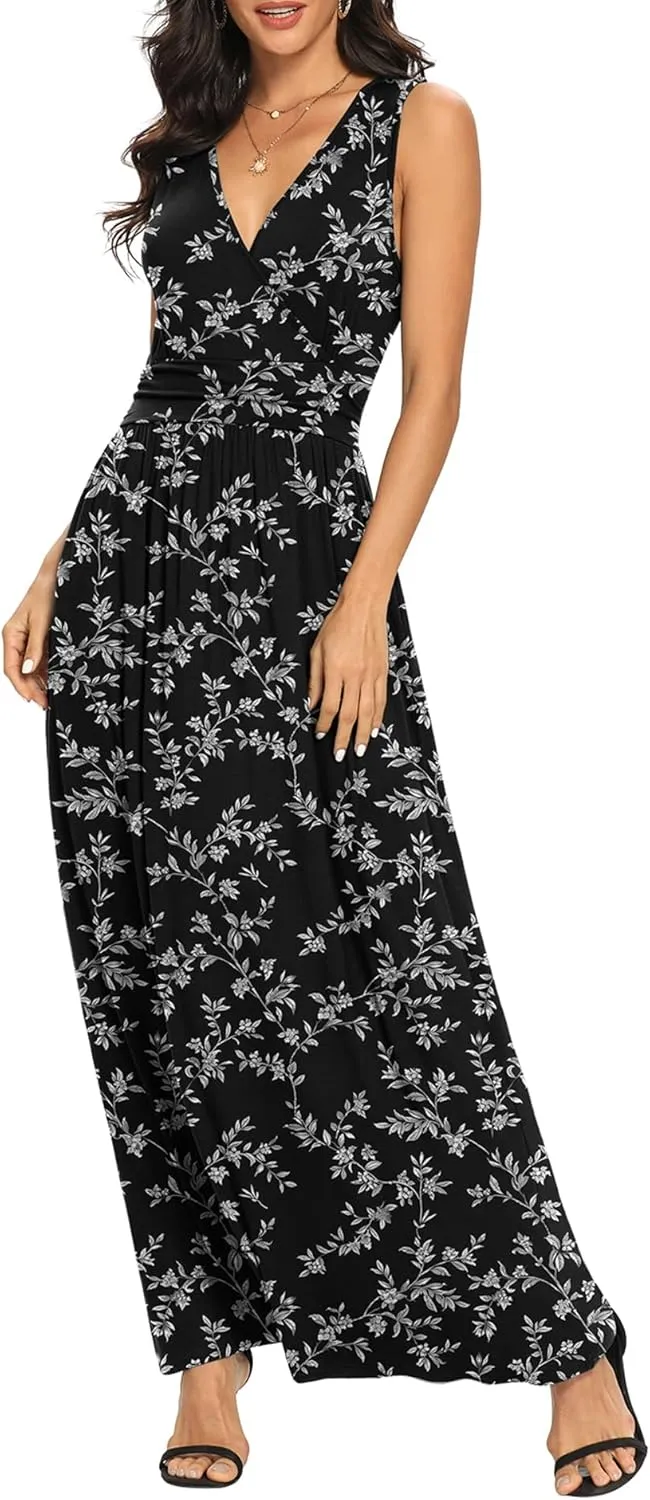 LILBETTER Women Sleeveless Deep V Neck Loose Plain Long Maxi Casual Dress
