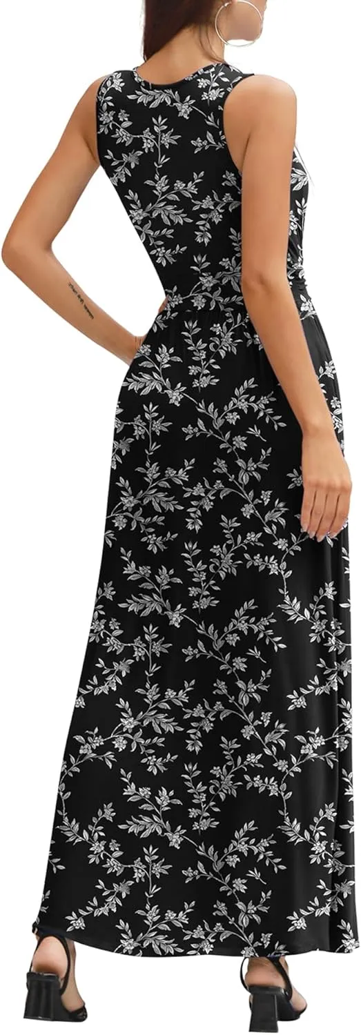 LILBETTER Women Sleeveless Deep V Neck Loose Plain Long Maxi Casual Dress