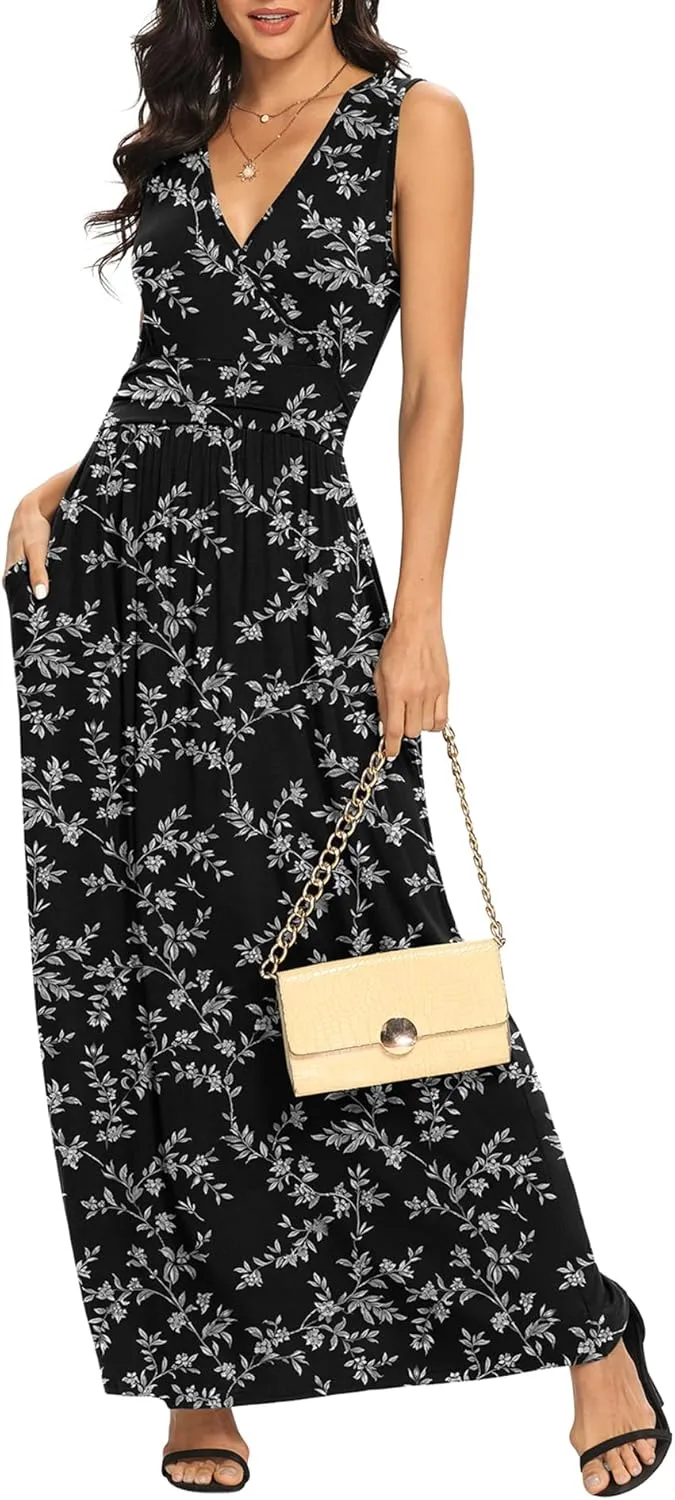 LILBETTER Women Sleeveless Deep V Neck Loose Plain Long Maxi Casual Dress