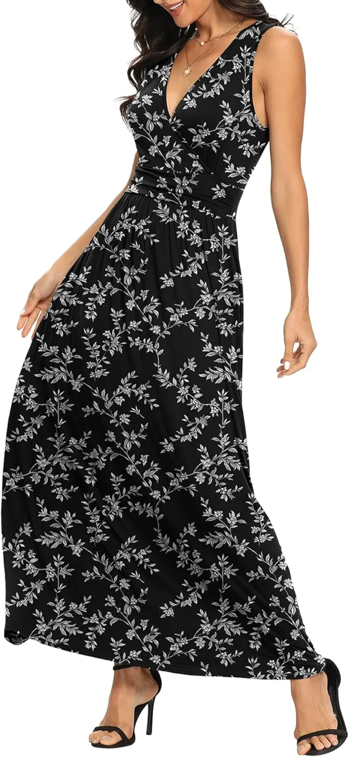 LILBETTER Women Sleeveless Deep V Neck Loose Plain Long Maxi Casual Dress