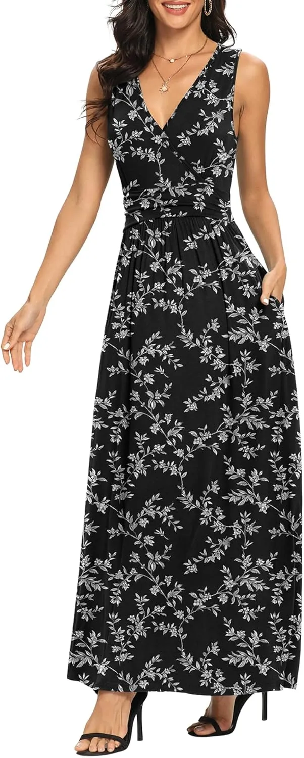 LILBETTER Women Sleeveless Deep V Neck Loose Plain Long Maxi Casual Dress