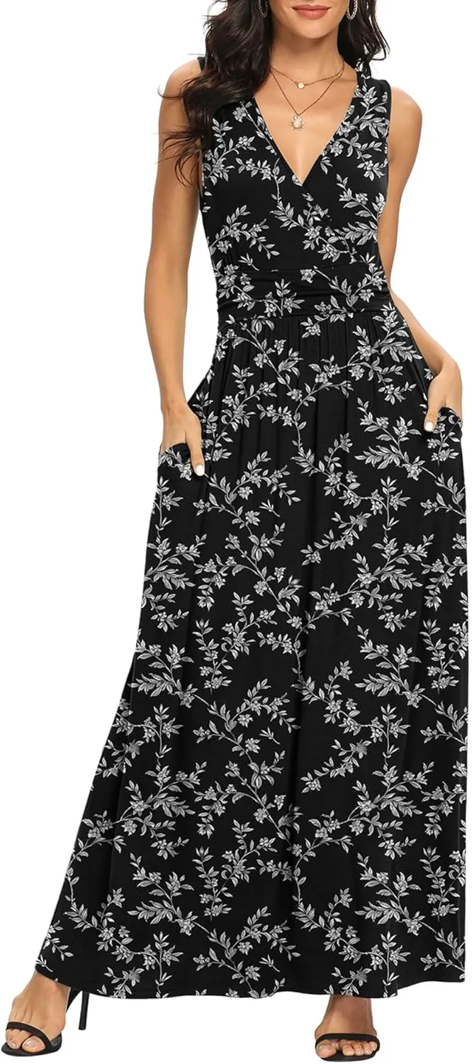 LILBETTER Women Sleeveless Deep V Neck Loose Plain Long Maxi Casual Dress