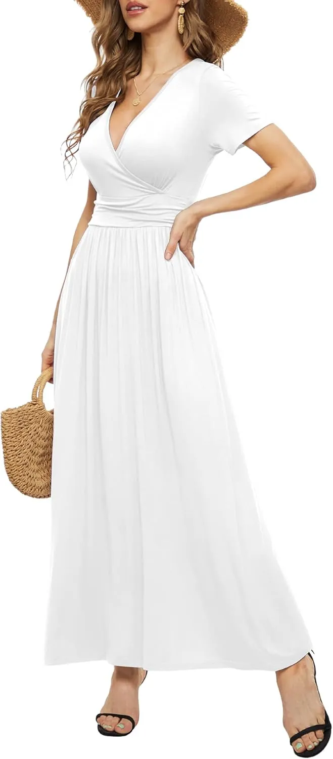 LILBETTER Women's Summer Short Sleeves Dress Wrap Waist Maxi Dresses with Pockets