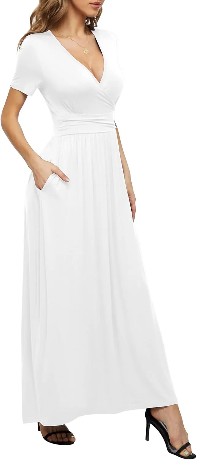 LILBETTER Women's Summer Short Sleeves Dress Wrap Waist Maxi Dresses with Pockets