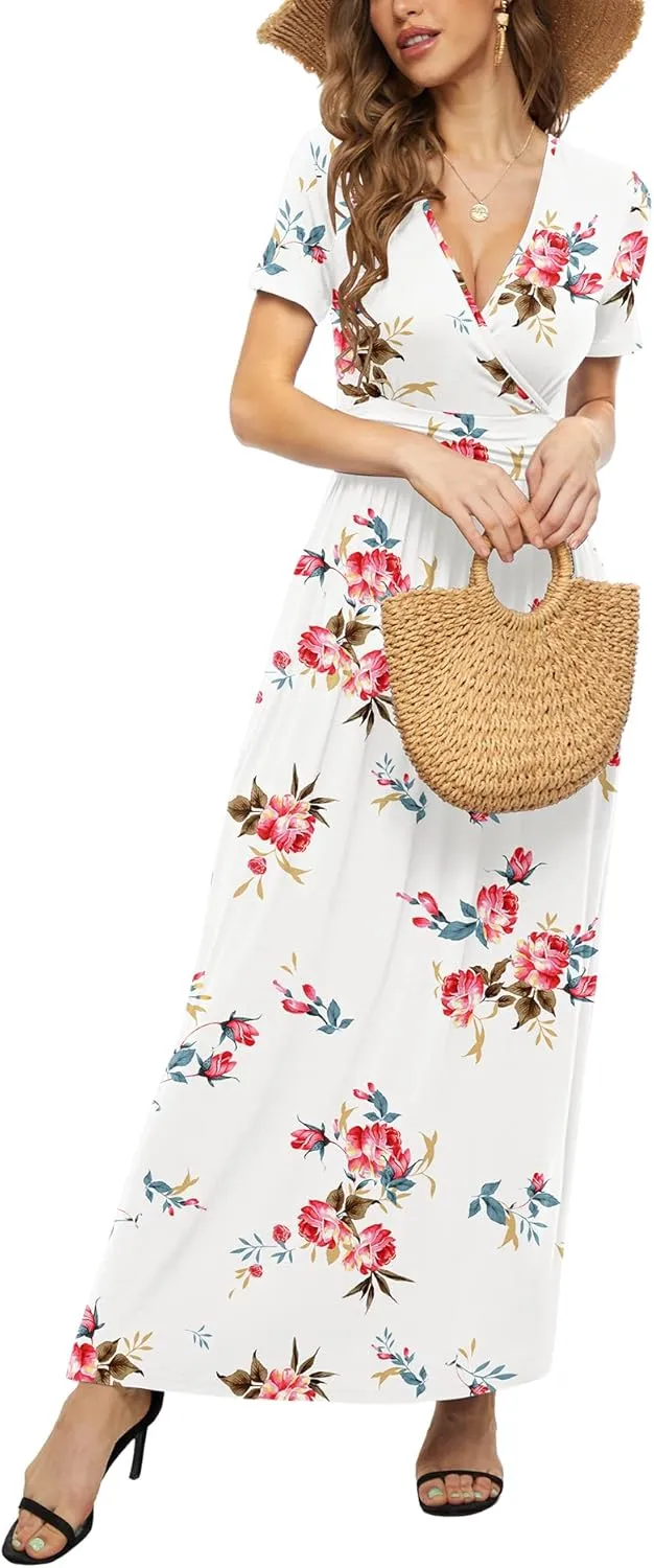 LILBETTER Women's Summer Short Sleeves Dress Wrap Waist Maxi Dresses with Pockets