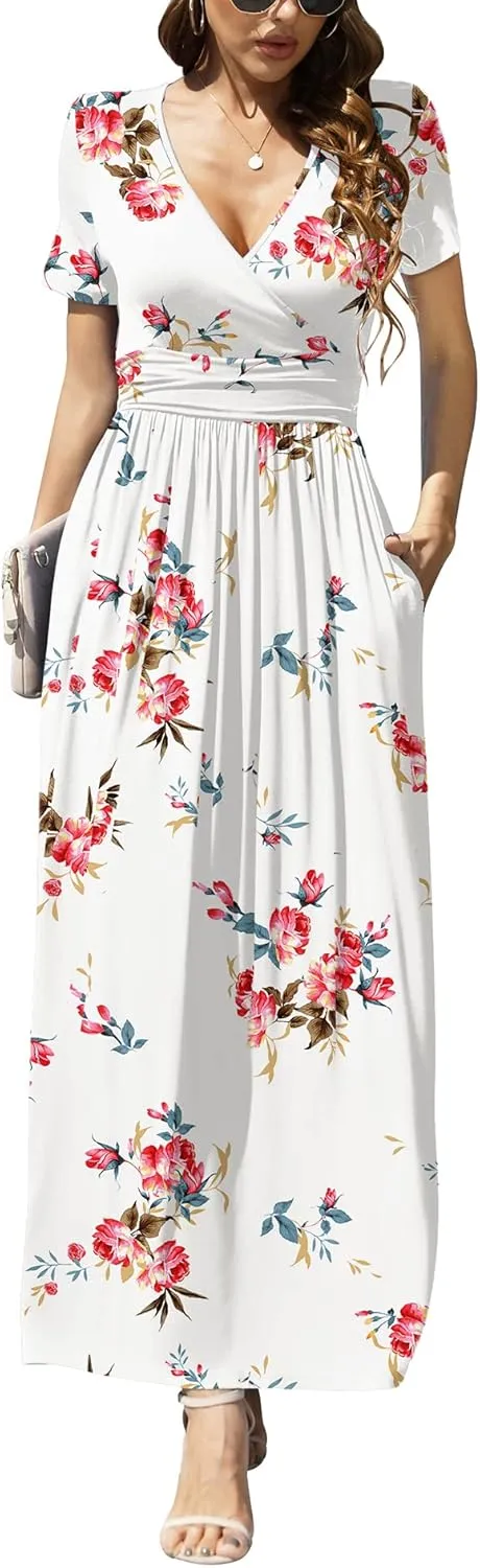 LILBETTER Women's Summer Short Sleeves Dress Wrap Waist Maxi Dresses with Pockets