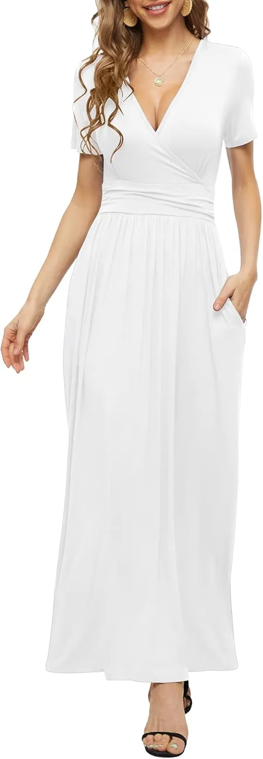 LILBETTER Women's Summer Short Sleeves Dress Wrap Waist Maxi Dresses with Pockets
