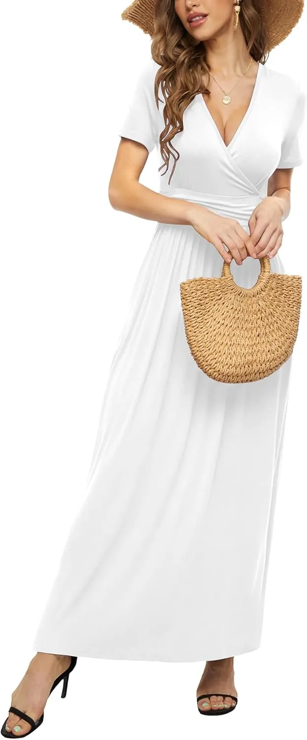 LILBETTER Women's Summer Short Sleeves Dress Wrap Waist Maxi Dresses with Pockets