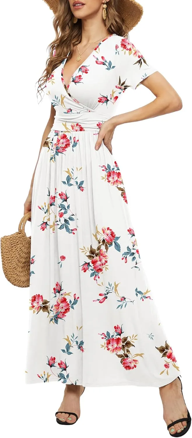 LILBETTER Women's Summer Short Sleeves Dress Wrap Waist Maxi Dresses with Pockets