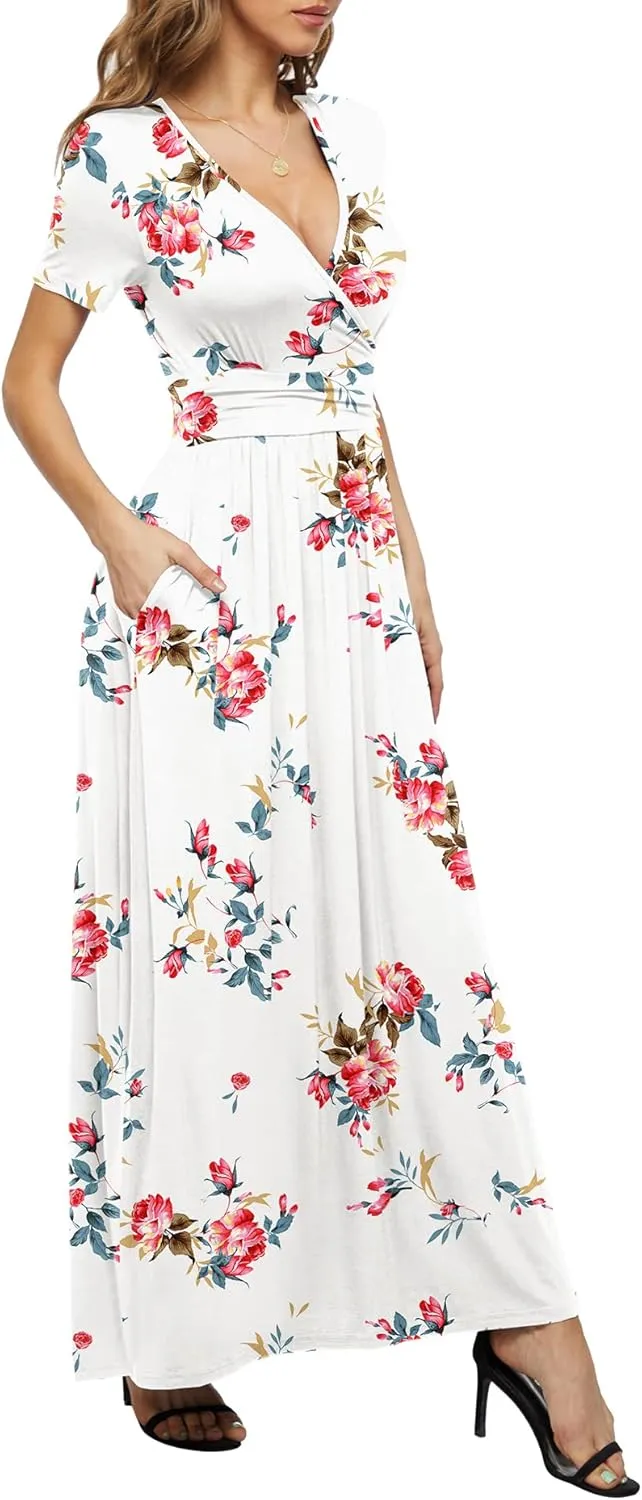 LILBETTER Women's Summer Short Sleeves Dress Wrap Waist Maxi Dresses with Pockets