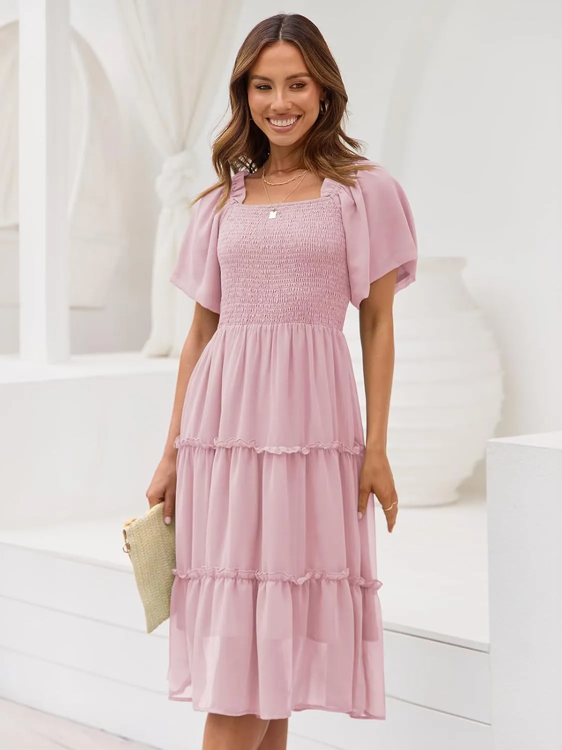 LILLUSORY Women's Summer Casual Flutter Sleeve Square Neck Smocked Midi Dress