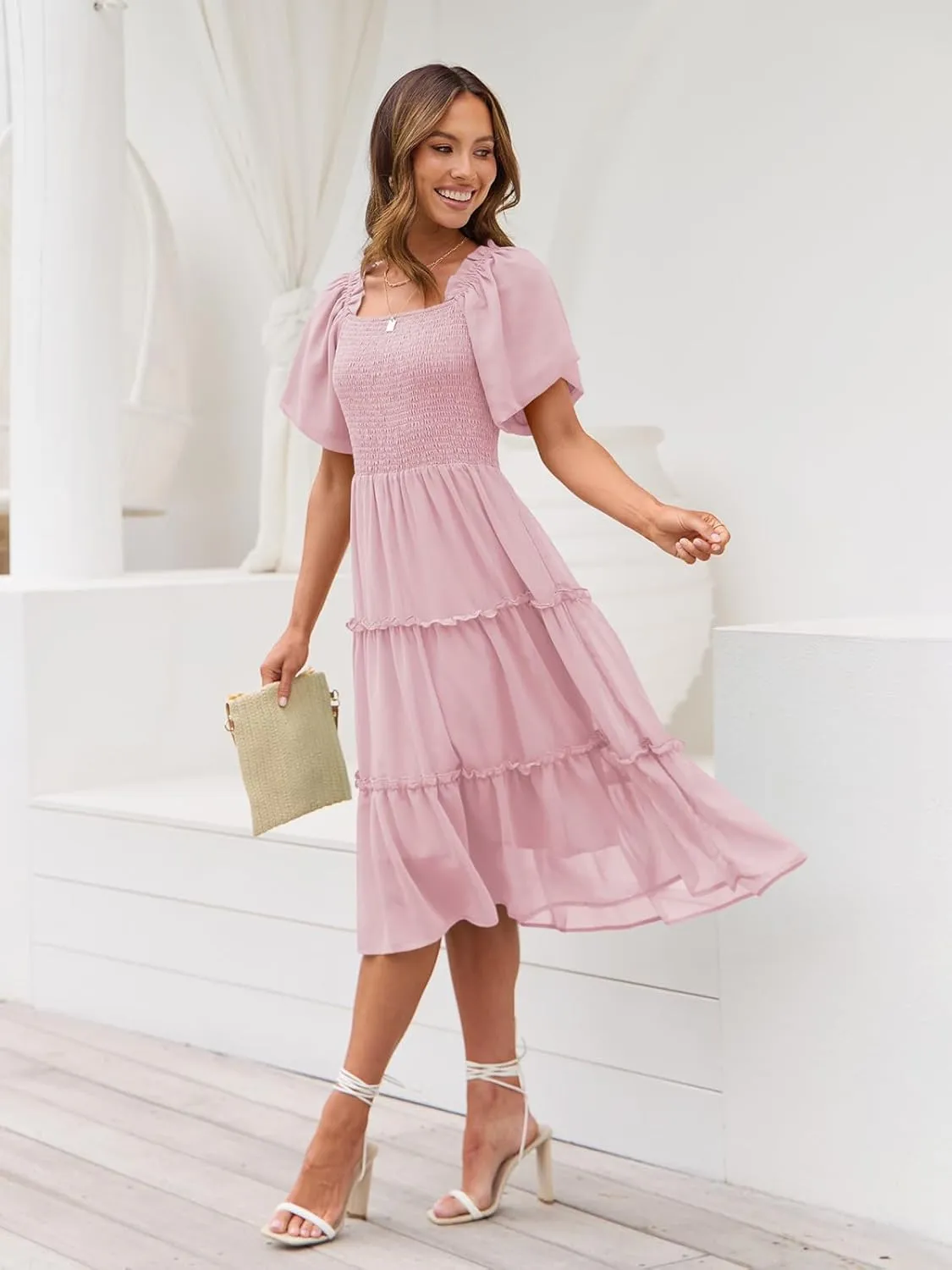 LILLUSORY Women's Summer Casual Flutter Sleeve Square Neck Smocked Midi Dress