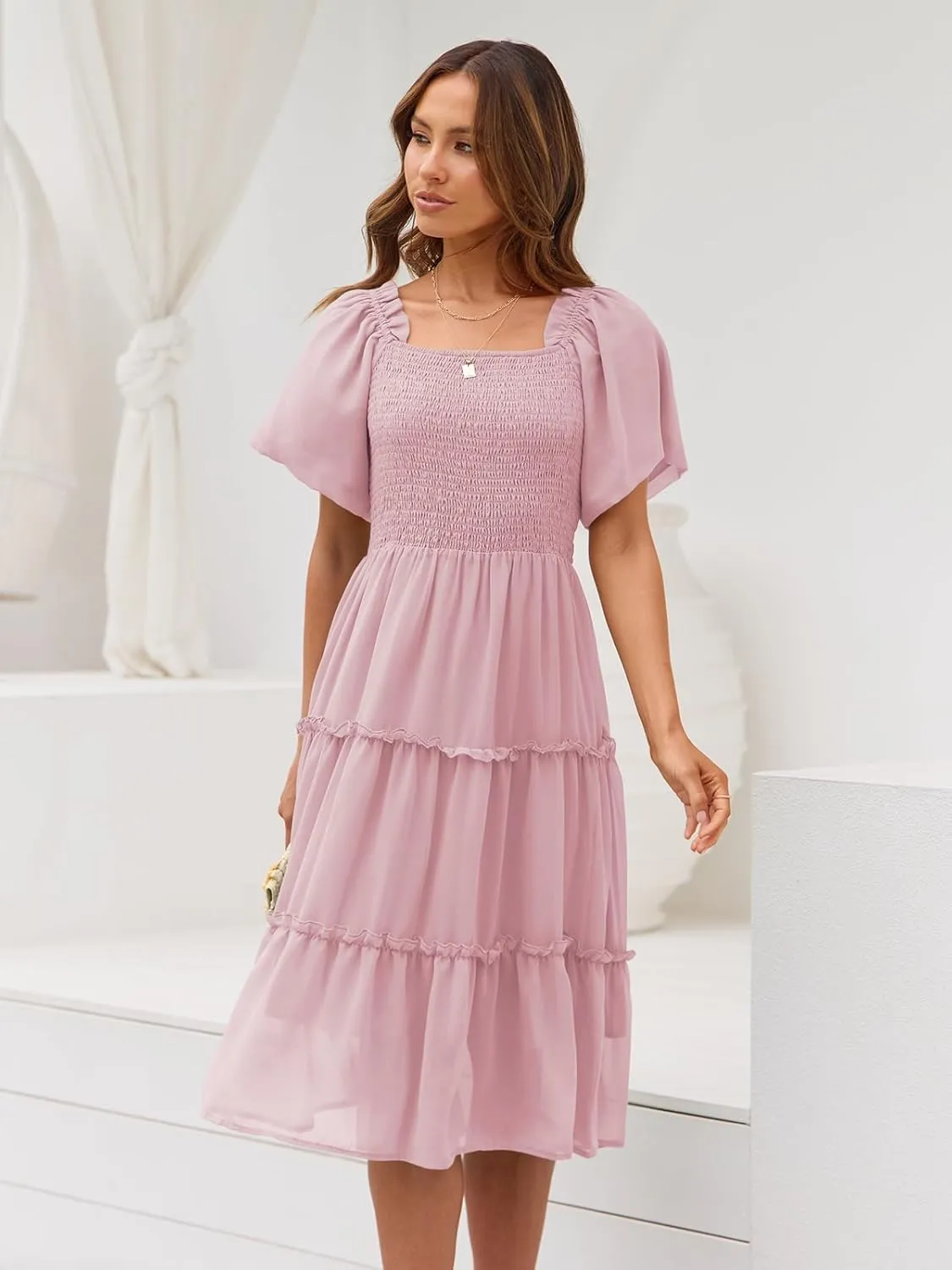 LILLUSORY Women's Summer Casual Flutter Sleeve Square Neck Smocked Midi Dress