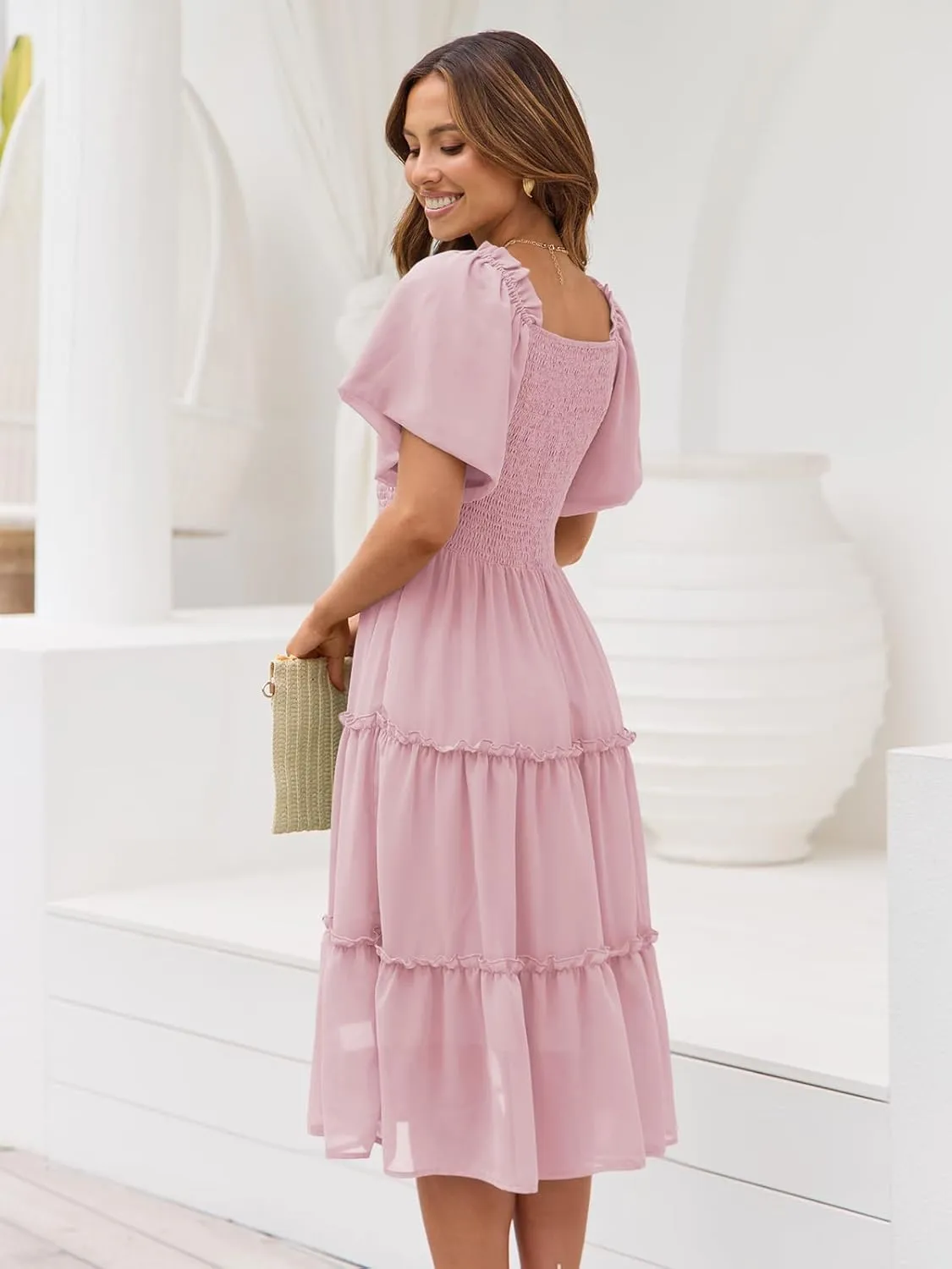 LILLUSORY Women's Summer Casual Flutter Sleeve Square Neck Smocked Midi Dress