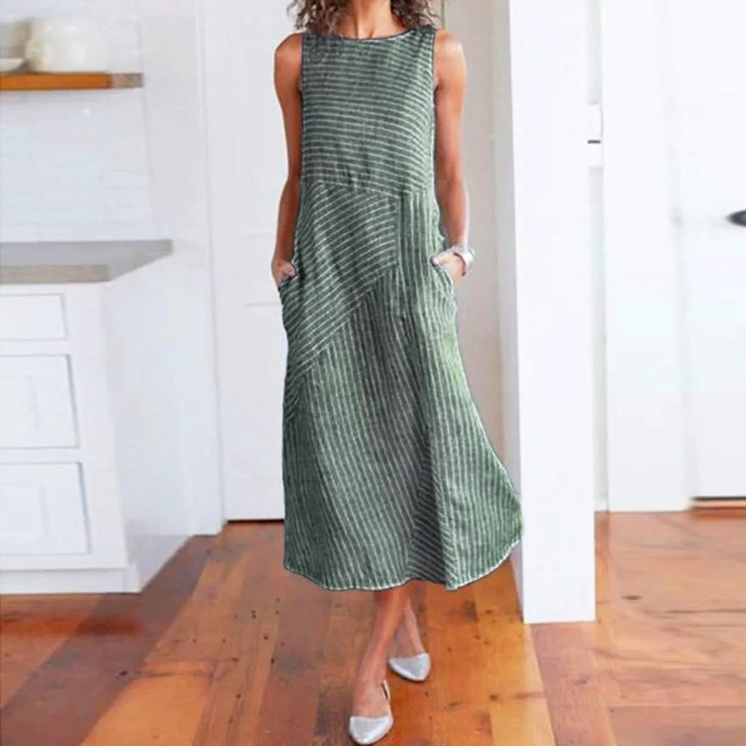 Linen Dress for Women Summer Sleeveless Solid Casual Baggy Flowy Maxi Dresses with Pockets
