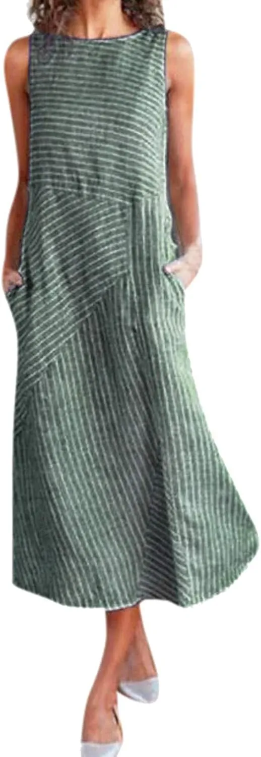 Linen Dress for Women Summer Sleeveless Solid Casual Baggy Flowy Maxi Dresses with Pockets