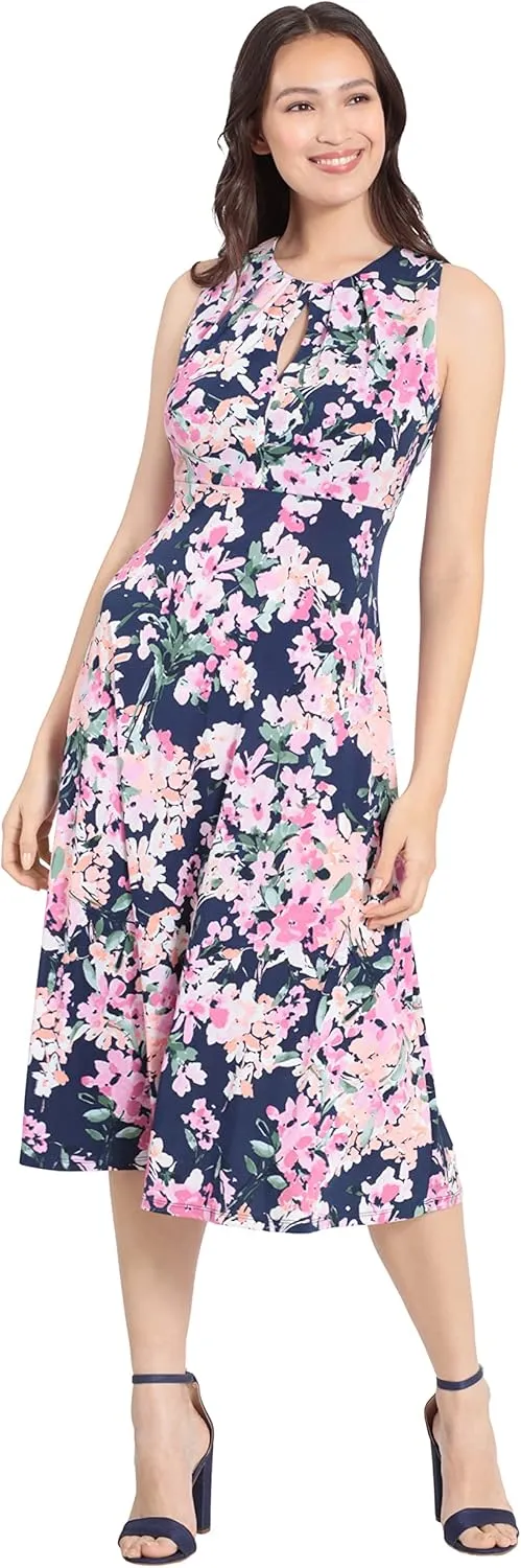 London Times Women's Printed Sleeveless Versatile Empire A-line Keyhole Neckline Midi Dress