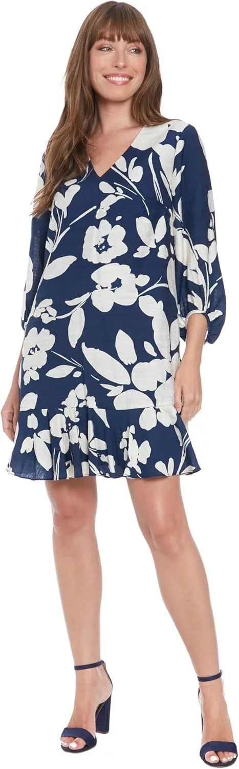London Times Women's V-Neck High Low Bishop Flounce Shift