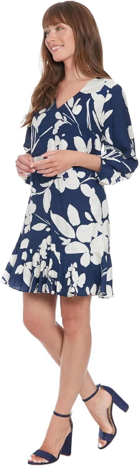 London Times Women's V-Neck High Low Bishop Flounce Shift