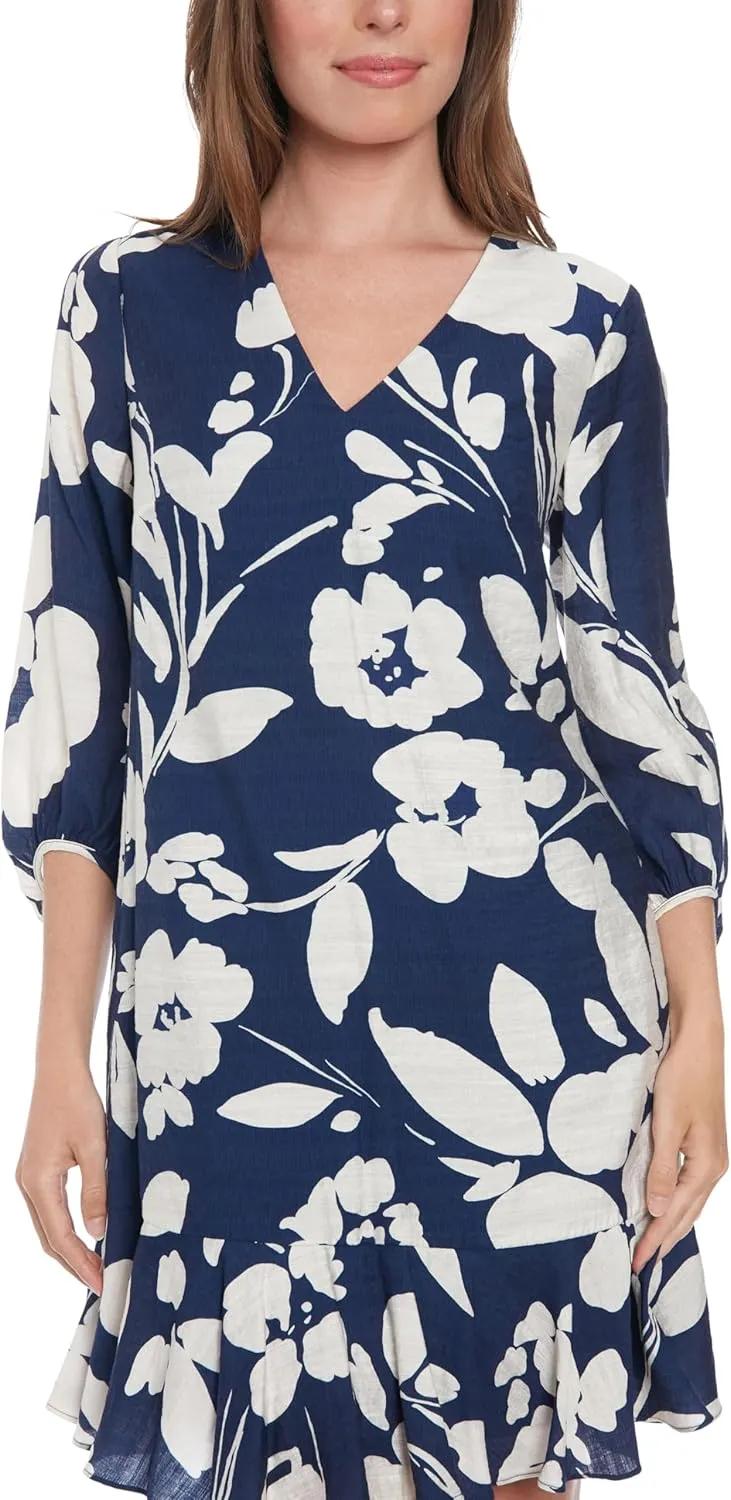 London Times Women's V-Neck High Low Bishop Flounce Shift