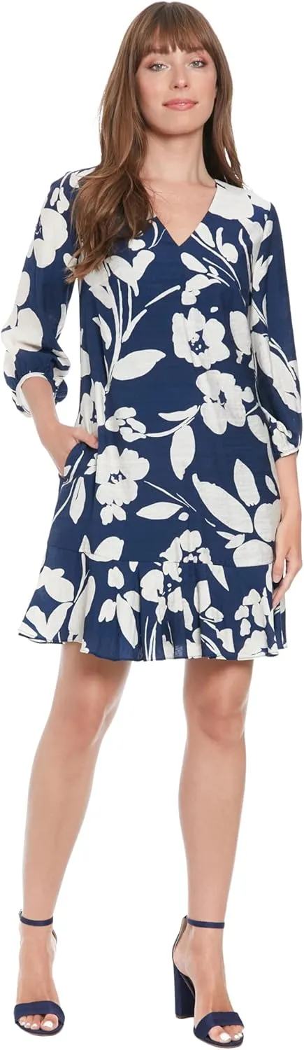 London Times Women's V-Neck High Low Bishop Flounce Shift