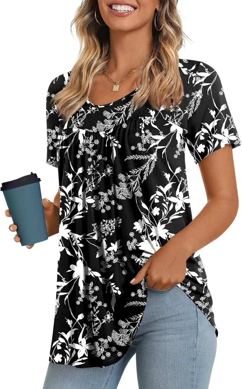LONGYUAN Womens Tunic Tops 2025 Short Sleeve Shirts Summer Casual Tee Comfy Blouses S-4XL