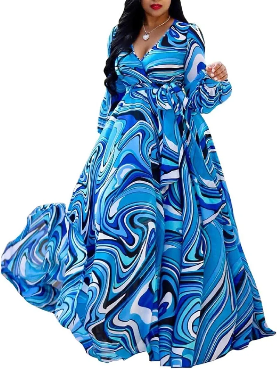 lvenzse Womens Maxi Dress Boho Chiffon Floral Printed V-Neck Long Dresses