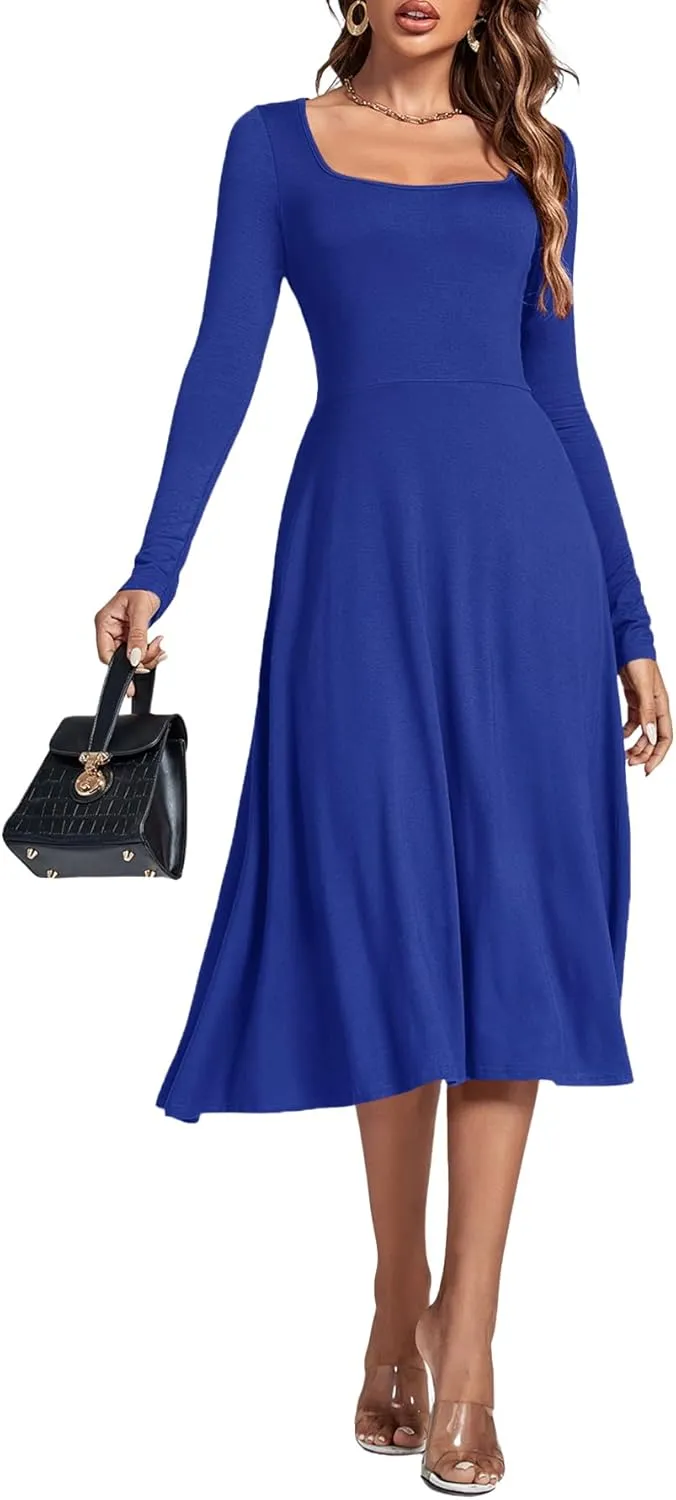 LYANER Women's Square Neck Long Sleeve Empire Waist A Line Flare Solid Midi Dress