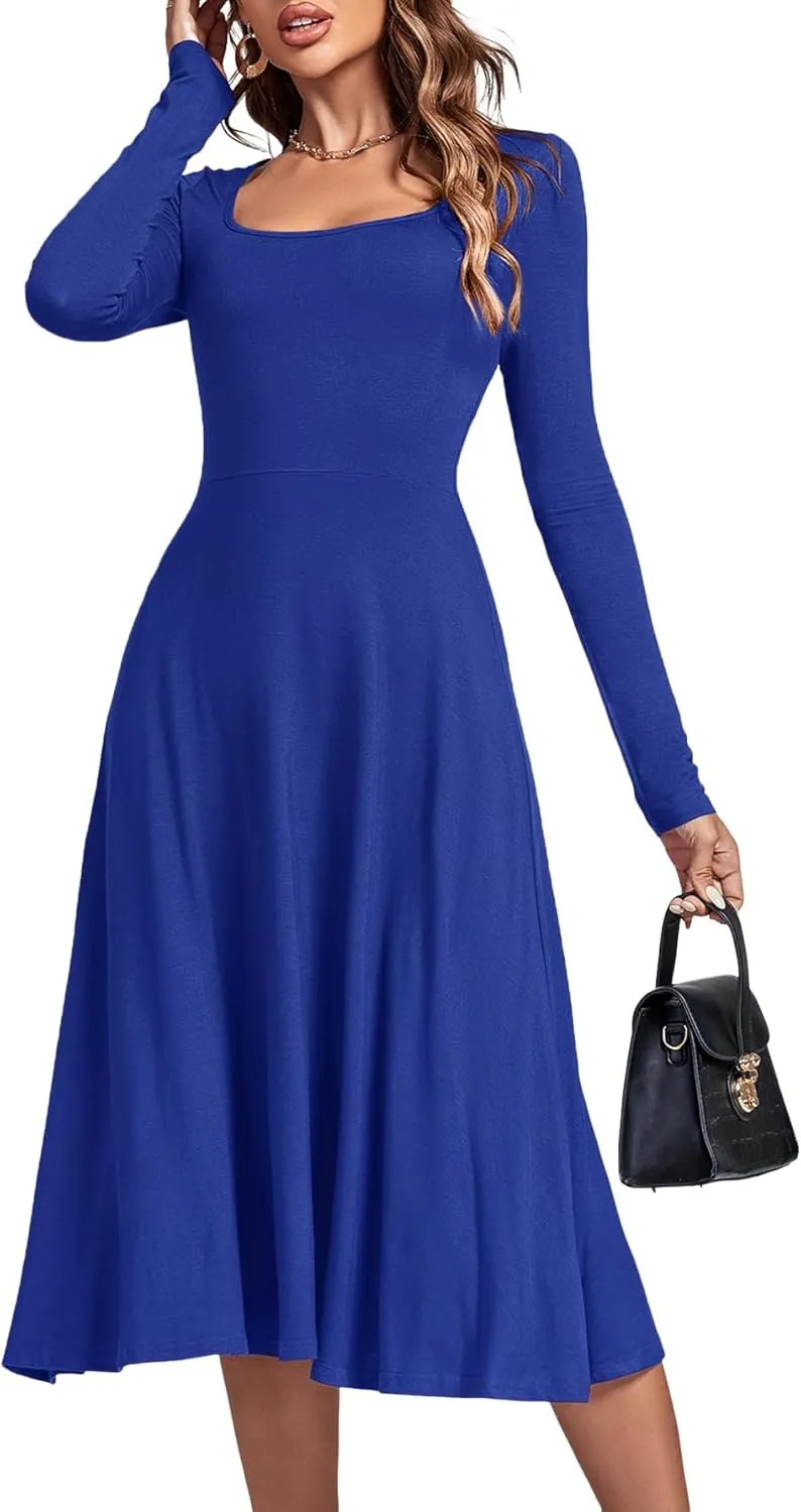 LYANER Women's Square Neck Long Sleeve Empire Waist A Line Flare Solid Midi Dress