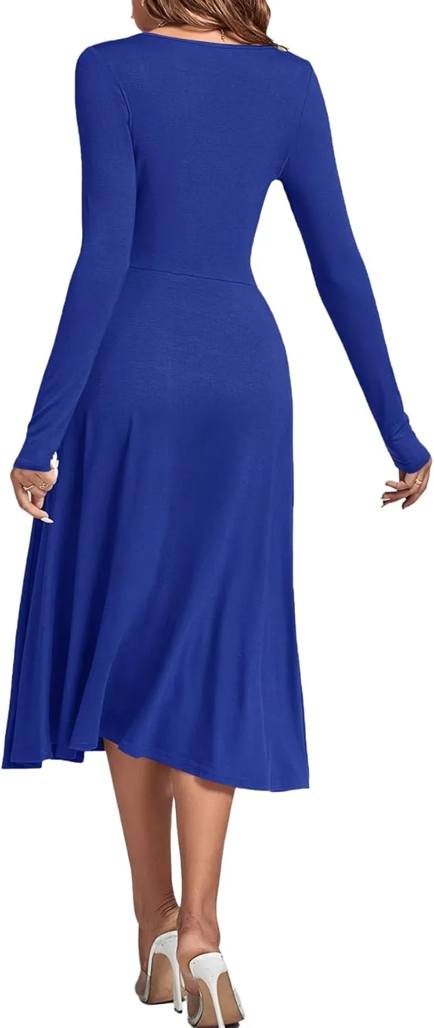LYANER Women's Square Neck Long Sleeve Empire Waist A Line Flare Solid Midi Dress