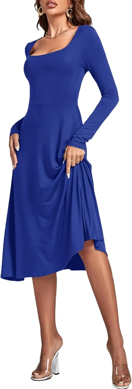 LYANER Women's Square Neck Long Sleeve Empire Waist A Line Flare Solid Midi Dress