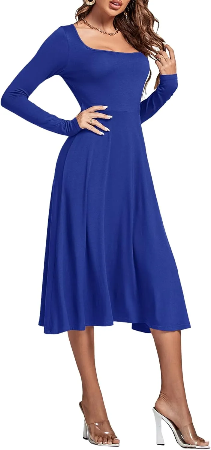 LYANER Women's Square Neck Long Sleeve Empire Waist A Line Flare Solid Midi Dress