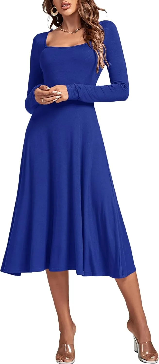 LYANER Women's Square Neck Long Sleeve Empire Waist A Line Flare Solid Midi Dress