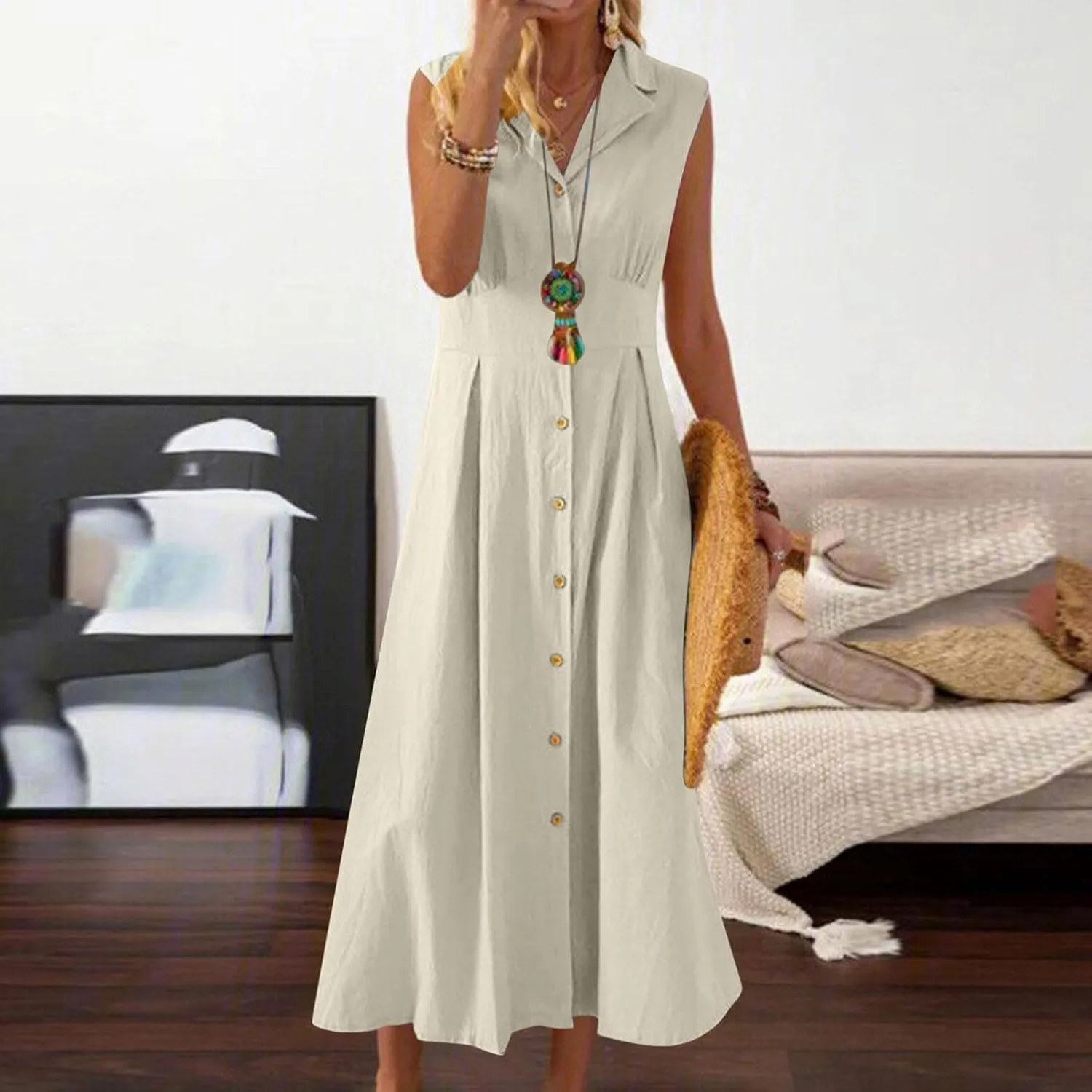 Maxi Dresses for Women 2025 Button Down Cotton Linen Dress Sleeveless Drop Waist Long Vacation Beach Sundresses