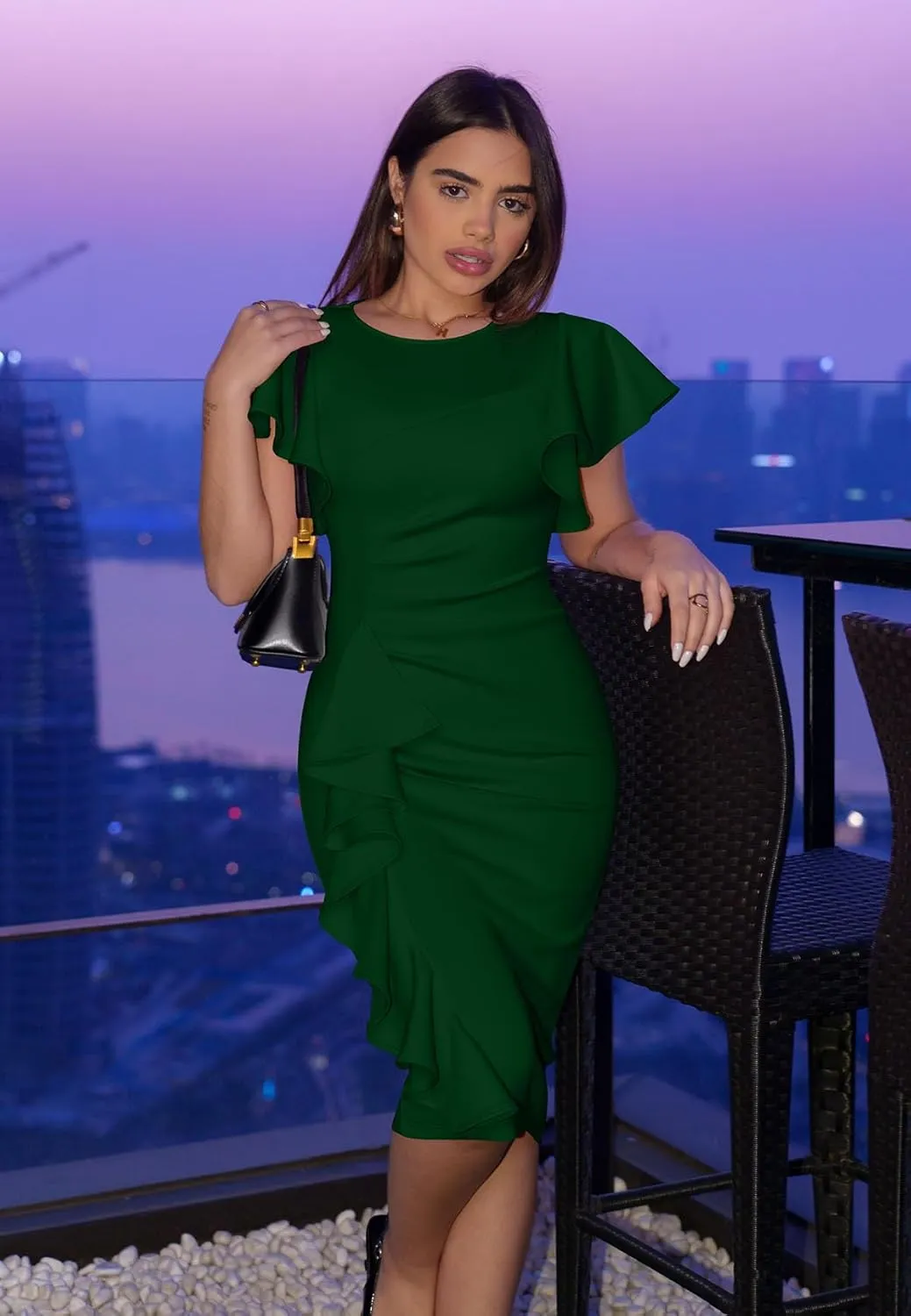 Memoriesea Women's Vintage Church Ruffle Sleeve Ruched Bodycon Work Midi Pencil Dress