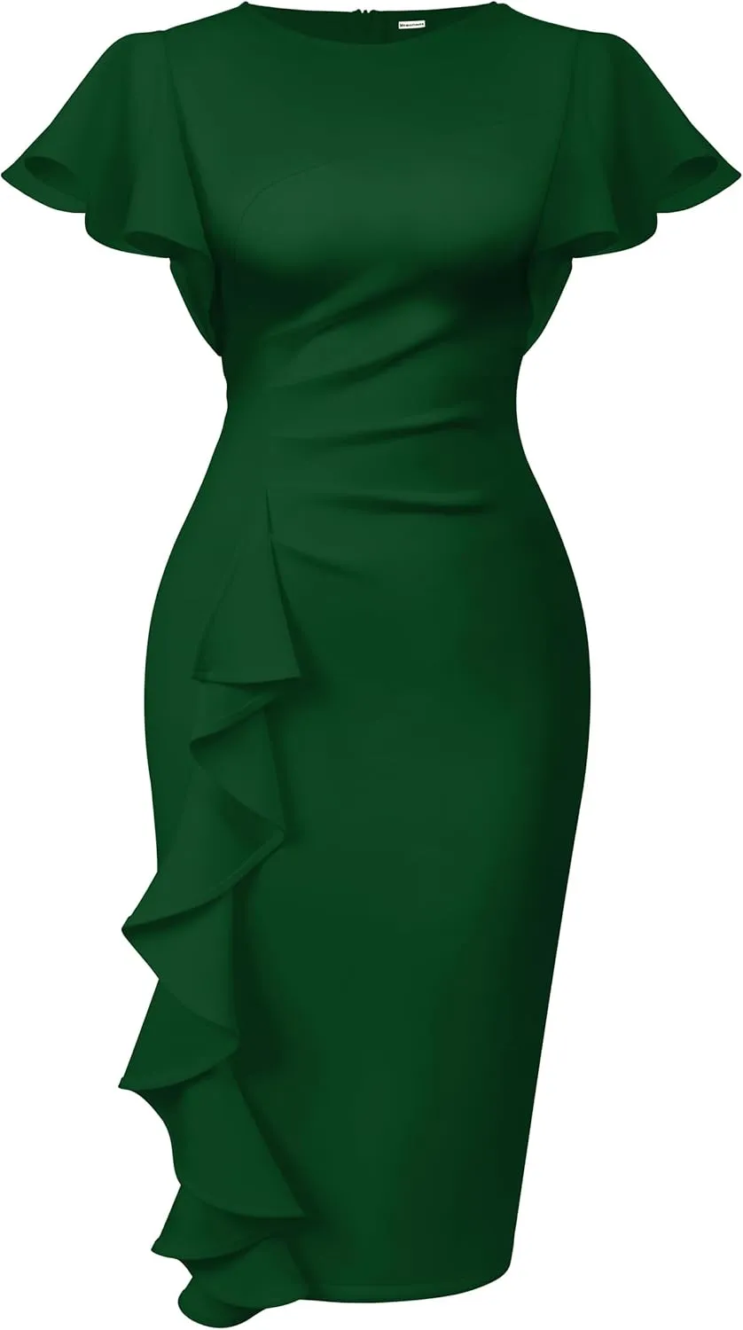 Memoriesea Women's Vintage Church Ruffle Sleeve Ruched Bodycon Work Midi Pencil Dress