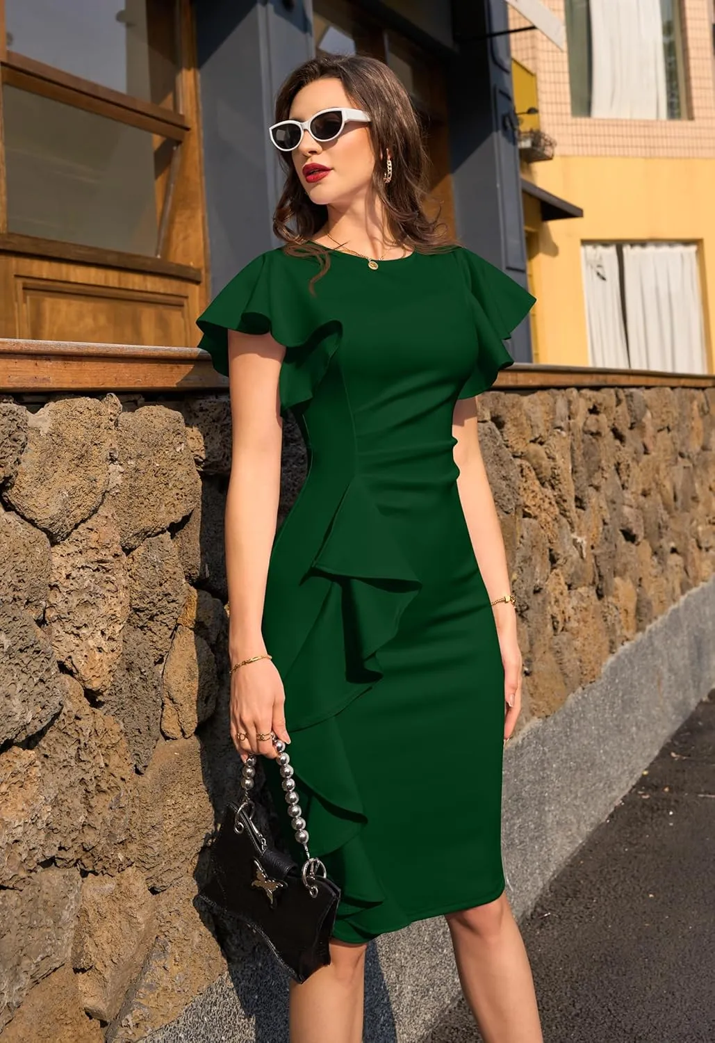 Memoriesea Women's Vintage Church Ruffle Sleeve Ruched Bodycon Work Midi Pencil Dress