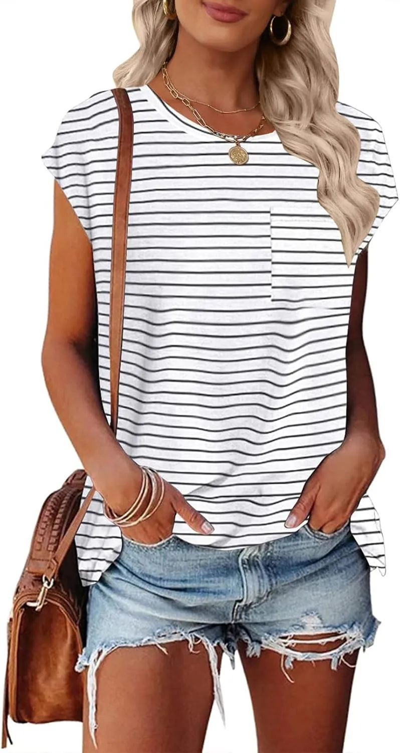 MEROKEETY Women's Casual Cap Sleeve T Shirts Basic Summer Tops Loose Solid Color Blouse