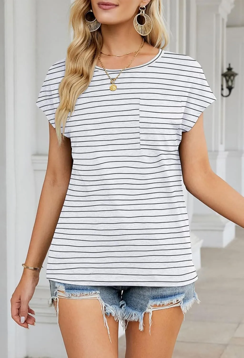 MEROKEETY Women's Casual Cap Sleeve T Shirts Basic Summer Tops Loose Solid Color Blouse