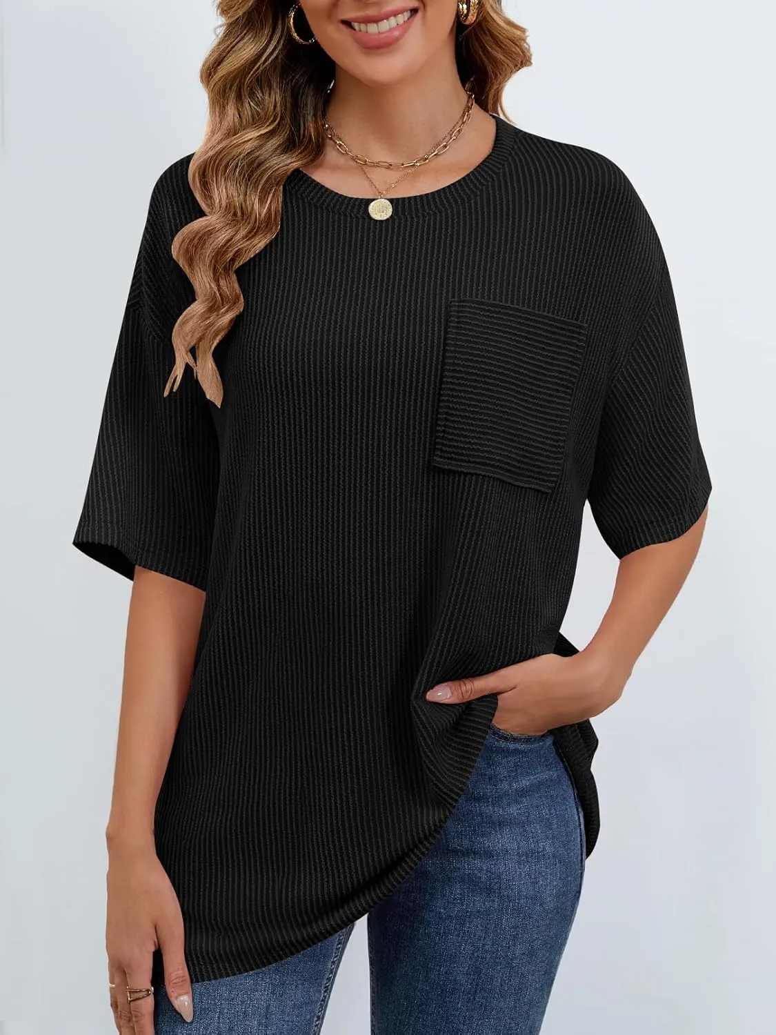MEROKEETY Women's Summer Short Sleeve Tops Oversized Crewneck Textured Blouse Casual Basic Tunic Tee