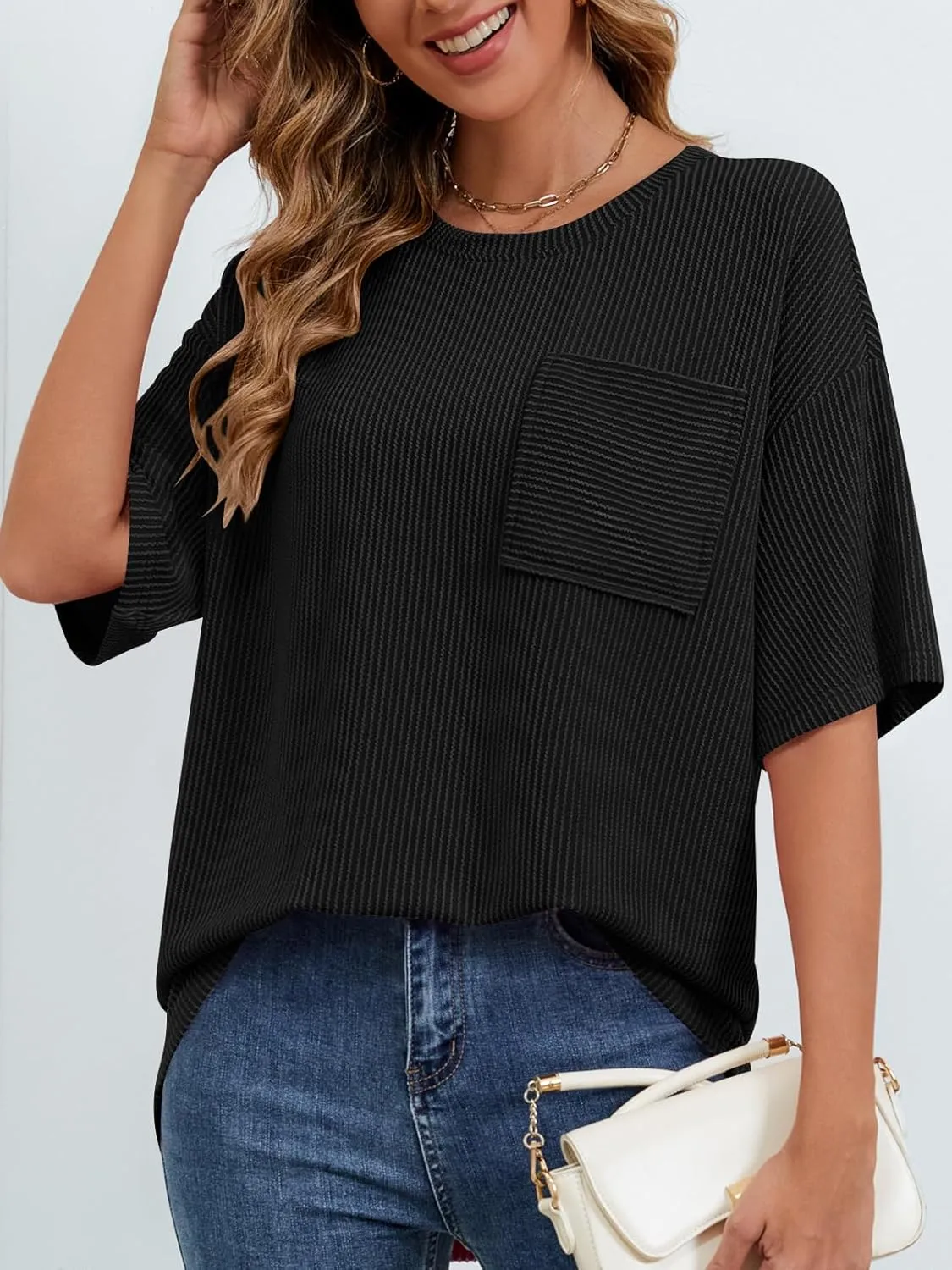 MEROKEETY Women's Summer Short Sleeve Tops Oversized Crewneck Textured Blouse Casual Basic Tunic Tee