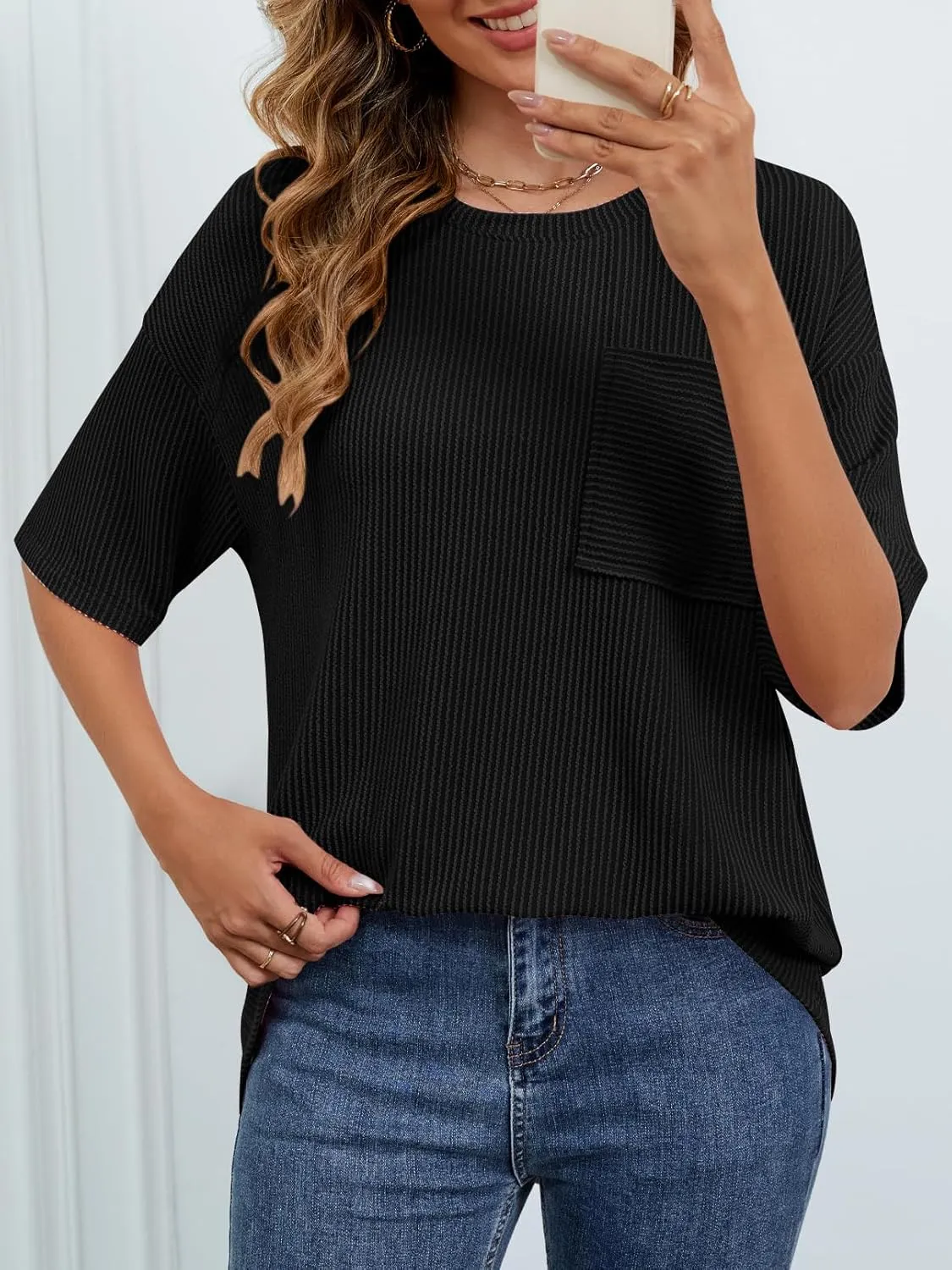 MEROKEETY Women's Summer Short Sleeve Tops Oversized Crewneck Textured Blouse Casual Basic Tunic Tee