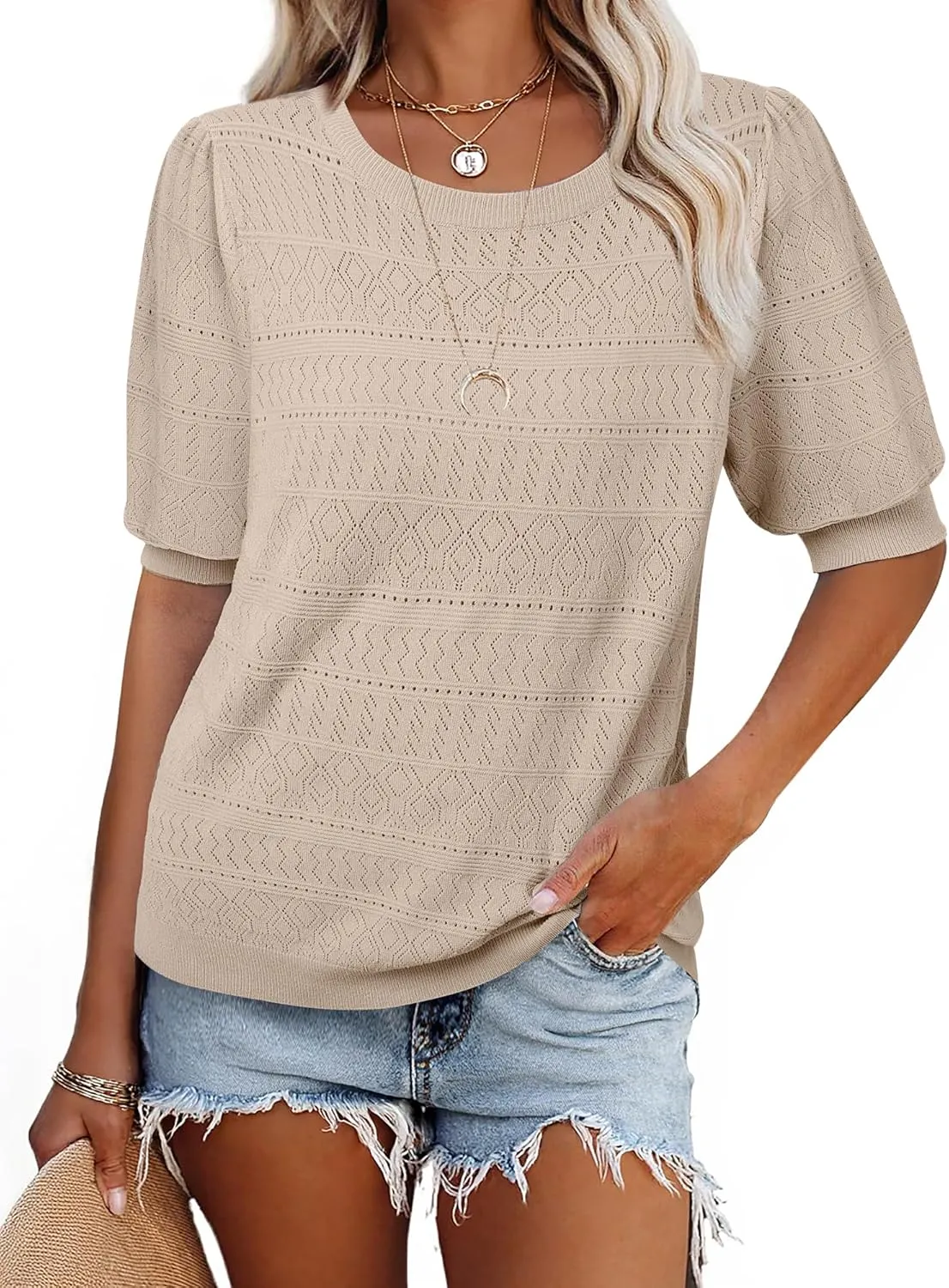 Messic Womens Short Sleeve Sweaters 2025 Summer Casual Crewneck Pullover Tops